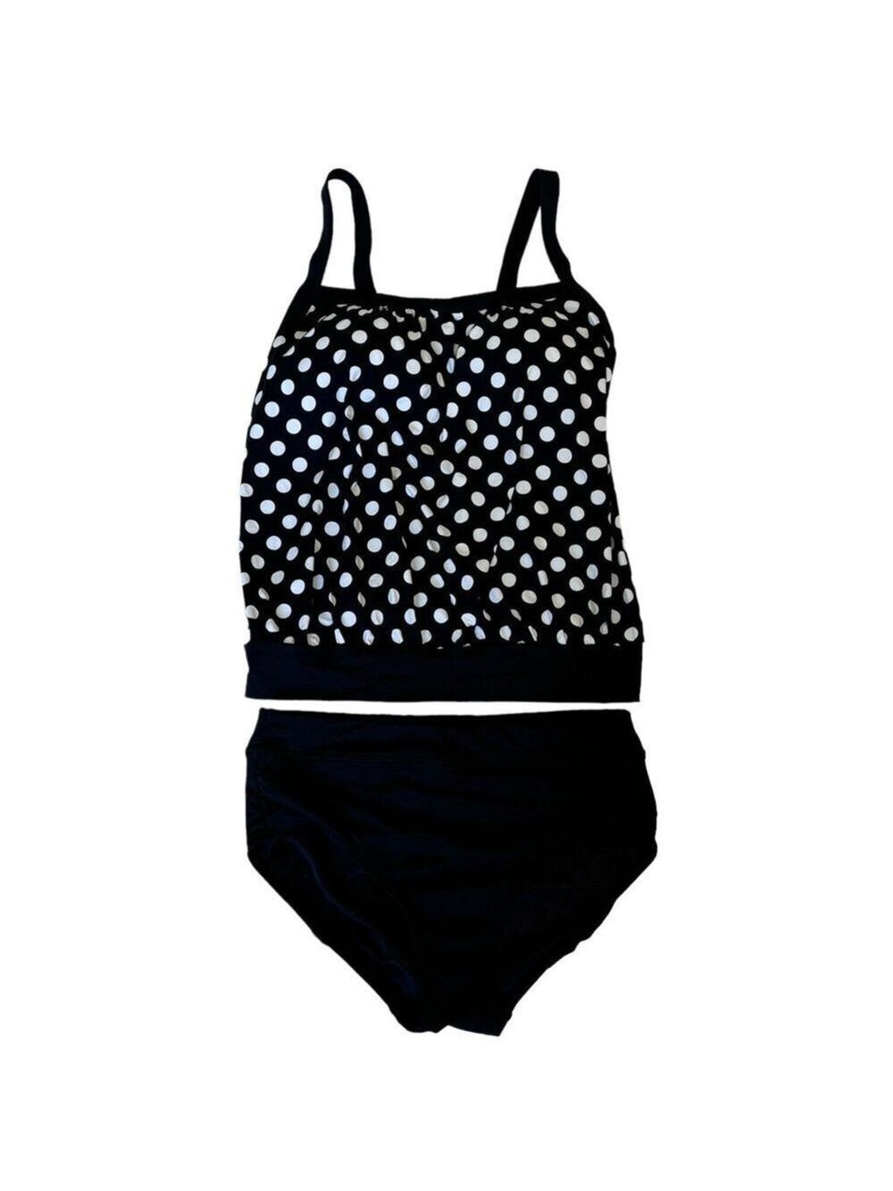 Lands End Swimsuit 6 D Black & White Polka Dot Blouson Tankini Top/Bottoms